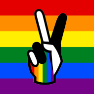 Tęcza to Miłość Równość Jedność Solidarność Różnorodność - Tęczowa Flaga LGBT z palcami ułożonymi w literę V w geście zwycięstwa