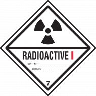 aseczka ochronna z nadrukiem. Nadruk, grafika: „Niebezpieczeństwo Radioaktywne”.