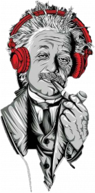 Albert Einstein zabawny z fajka i w słuchawkach