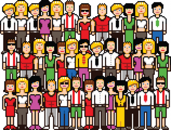 Pixel art – tłum pikselowanych ludzi (różne kolory)