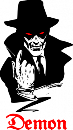 Kubek biały z nadrukiem demona w czarnym płaszczu z kapeluszem na głowie