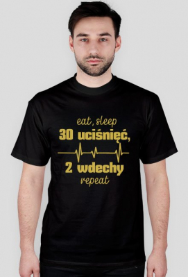 MedUza - eat, sleep 30 UCIŚNIĘĆ 2 WDECHY repeat - koszulka męska, złoty tekst - MedUza - Medycyna Uzależnia