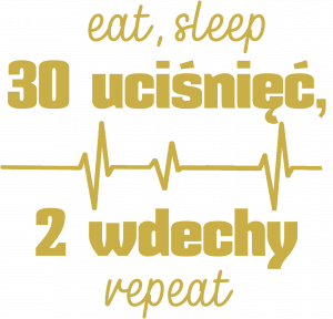 MedUza - eat, sleep 30 UCIŚNIĘĆ 2 WDECHY repeat - koszulka męska, złoty tekst - nadruk