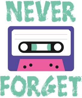 Kubek z napisem "Never Forget" i kasetą magnetofonową, pomysł na prezent dla informatyka, programisty