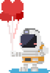 Pixel Art - astronauta z balonami - styl retro - 8 bit - grafika inspirowana grą Minecraft - magiczny kubek