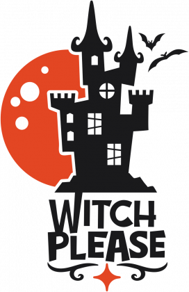 Witch Please - zabawny napis - zamek - nietoperze - Halloween - grafika - komiks - damska koszulka